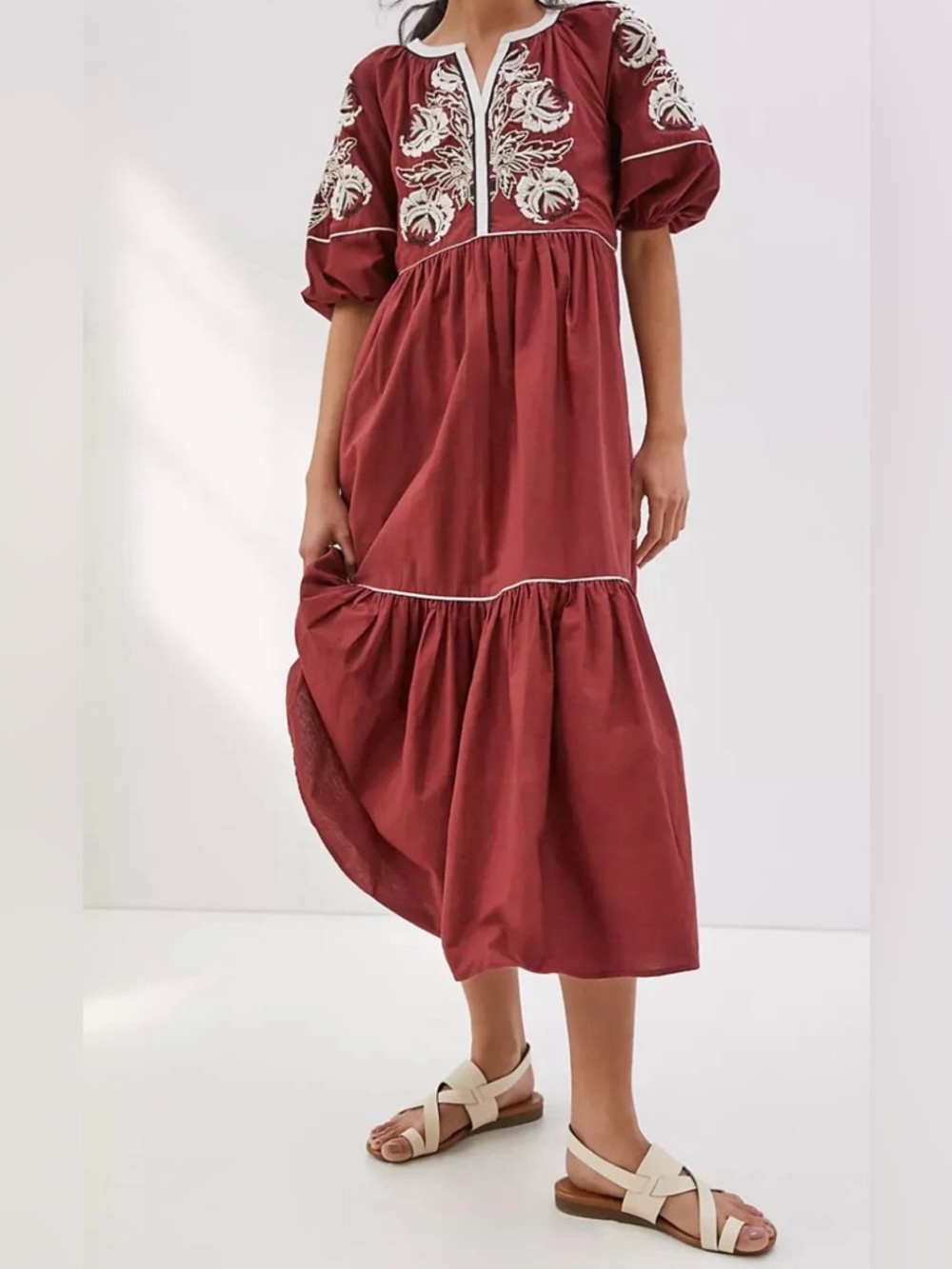 $188 NWT Anthropologie Gretel Embroidered Cotton Burgundy Maxi Dress w Pockets